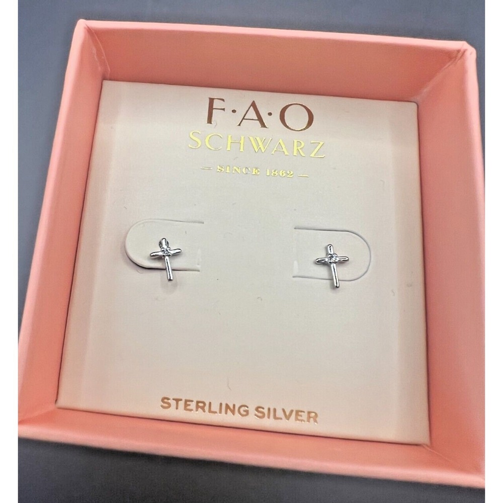 FAO Schwarz Sterling Silver Earrings Cross‎ Crystal Christian Children's Studs